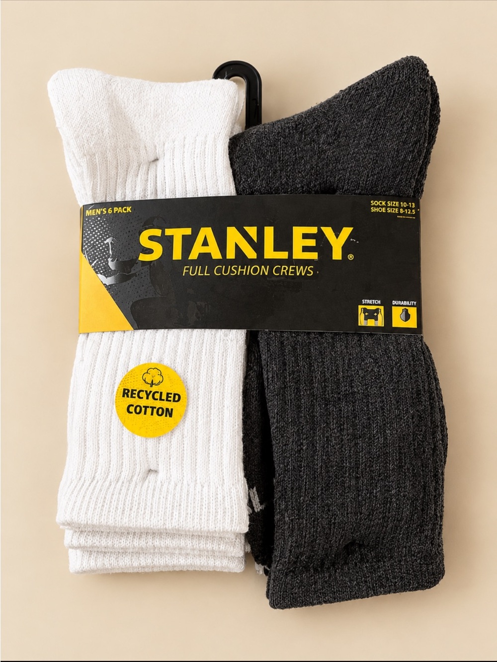 Stanley Full Cushion Crew Socks - White & Charcoal (3-Pack) size 10-13.